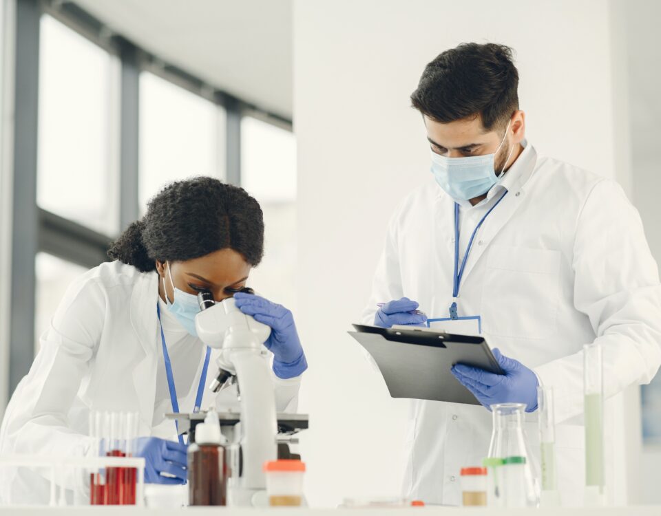Portugal 2030 incentivos à Investigação e Desenvolvimento. homem branco e mulher negra fazendo pesquisa cientifica