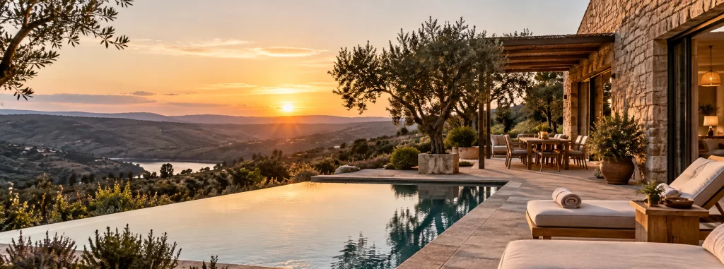 Luxury rural hotel in Portugal with infinity pool and countryside views at sunset